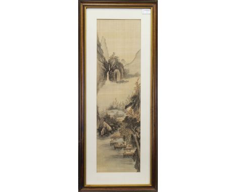 20TH CENTURY CHINESE PAINTING ON SILK, a triptych depicting a mountaneous landscape with pavillions by a lake, in three frame