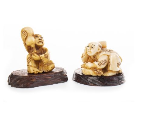 TWO EARLY 20TH CENTURY JAPANESE IVORY NETSUKE, each modelled as a single male figure, each signed, 2.5cm and 4cm high