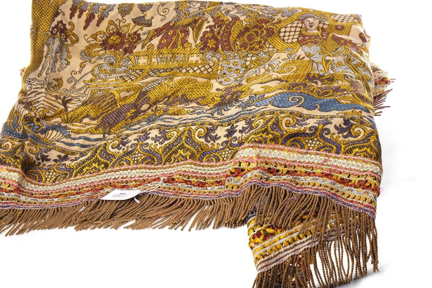 CHINESE SILK EMBROIDERED THROW, decorated with figures, pavilions and