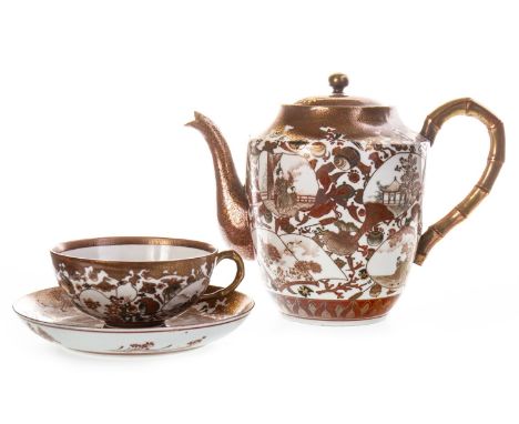 EARLY 20TH CENTURY JAPANESE KUTANI TEA SERVICE, comprising tea pot, five cups, six saucers, painted with panels of figures, s