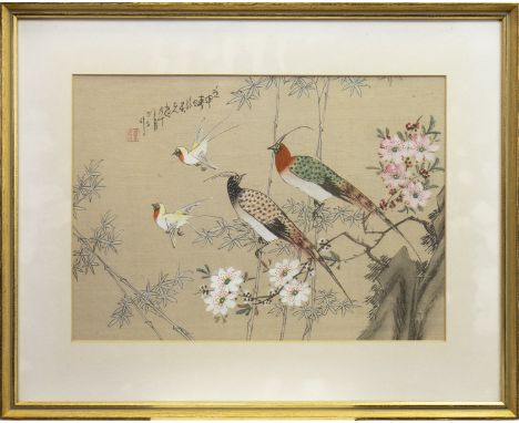 EARLY 20TH CENTURY CHINESE PAINTING, depicting birds on bamboo and blossom, with red seal stamp and inscription, 25cm x 35cm,