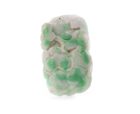 CHINESE JADE CARVING, of shaped rectangular form, modelled with fruit and a bat, 9.5cm x 6cm, 150g