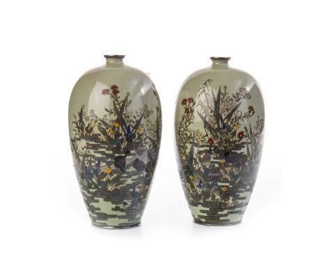 PAIR OF EARLY 20TH CENTURY JAPANESE CLOISONNE ENAMEL VASES, decorated with birds and flowers, signed to base, 11.5cm high, al