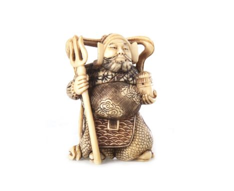 EARLY 20TH CENTURY JAPANESE IVORY NETSUKE, modelled as a warrior with trident, signed, 5cm high