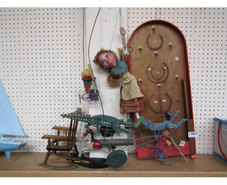 Assorted wooden toys including Pelham puppet, bagatelle, miniature rocking chair etc 