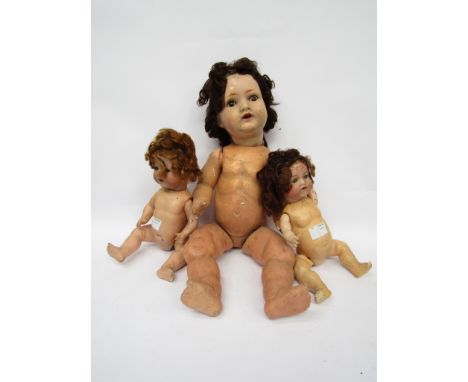 Two Armand Marseille bisque head dolls on jointed composition bodies and a jointed composition girl doll (3)