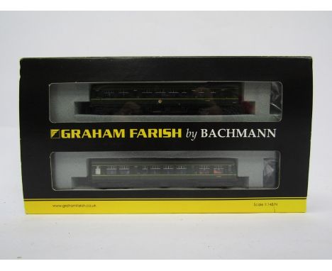 A boxed Graham Farish by Bachmann 371-875A N gauge BR Green 108 DMU 2 car unit with speed whiskers 