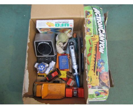 Miscellaneous vintage toys including, 6 Million Dollar Man 'Oscar Goldman' figure, Astro Wars electronic game (no battery cov