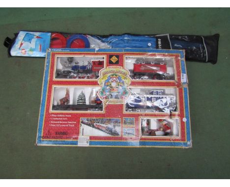 A boxed Premier Holiday Nutcracker train set and a stunt kite 