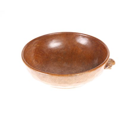 ROBERT THOMPSON OF KILBURNA MOUSEMAN OAK FRUIT BOWL, circular, the exterior adzed, carved mouse signature. 22.5cm diameter