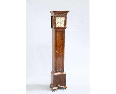 AN EARLY 20TH CENTURY MAHOGANY EIGHT-DAY LONGCASE CLOCK, of small proportions, the eight inch steel dial signed R Stewart, 4 