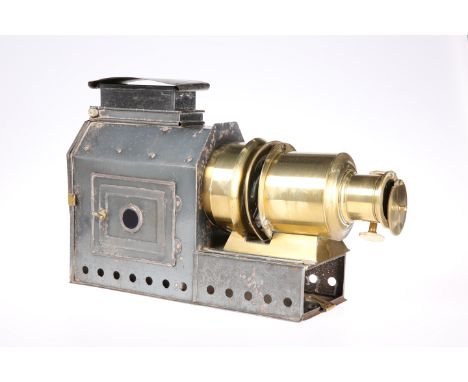 A LACQUERED BRASS AND TIN MAGIC LANTERN, 'THE PRAESTANTIA', by Riley Brothers, Bradford. 27.5cm high