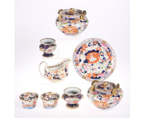 A GROUP OF EARLY 19TH CENTURY IRONSTONE WARE, including a pair of Mason's Patent Ironstone china pot pourri vases and covers,