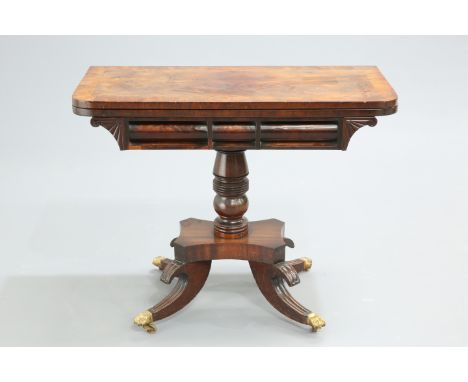 AMENDMENTA REGENCY GONCALO ALVES FOLDOVER CARD TABLE, the crossbanded top with rounded corners above a cylinder moulded friez