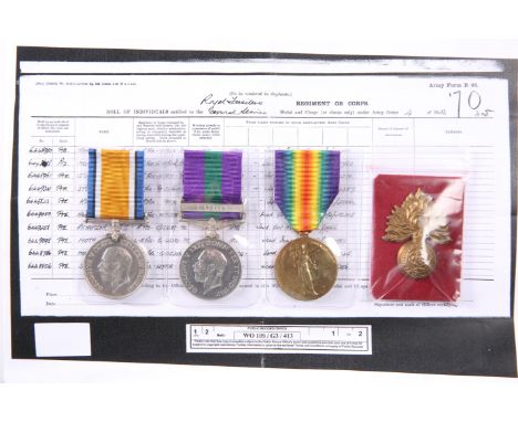 A WWI MEDAL TRIO AND CAP BADGE, A.E. Stoner R. FUS., War medal 79293, Victory medal 79293, General Service medal with Iraq ba