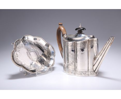 A GEORGE III SILVER TEAPOT WITH STAND,&nbsp;by Charles Aldridge, London 1793, of oval lobed form, the hinged lid with ebonise