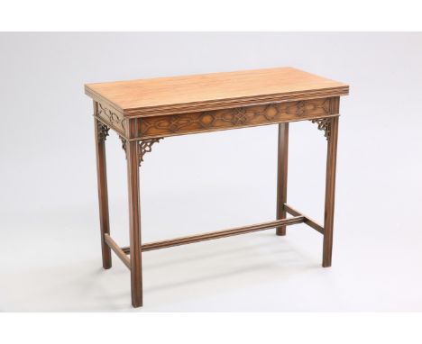 A CHINESE CHIPPENDALE STYLE MAHOGANY FOLDOVER CARD TABLE, C.1900, the top with moulded edge opening to reveal a tooled leathe