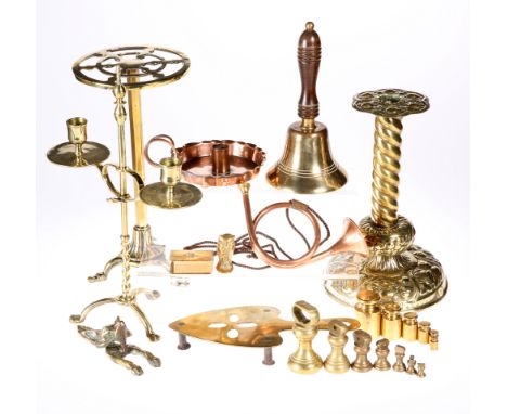 A GROUP OF METALWORK, including a Dutch repousse candlestick; copper chamberstick; copper horn; trivet, etc.