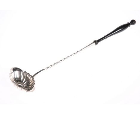 A FRENCH SILVER-PLATED PUNCH LADLE, by Christofle, early 20th Century, with scalloped oval bowl and partially twisted stem; t