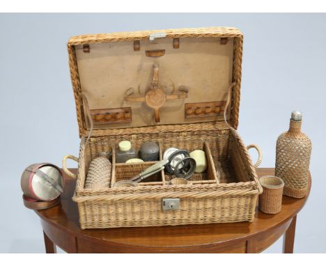 ~ A DREW &amp; SONS OF PICCADILLY VINTAGE WICKER BASKET, containing bottles, cutlery etc.