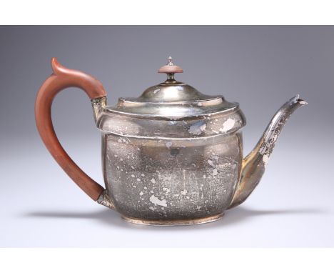 A GEORGE III SILVER TEA POT, maker probably William Bennett, London 1804, of oval section with stepped rim,&nbsp;scroll wood 