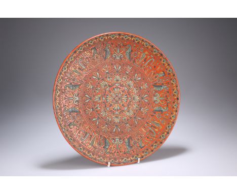 WILHELM SCHILLER & SONA CONTINENTAL MAJOLICA PLAQUE, circular, with incised decoration in the Egyptian taste, no. 5260, mould