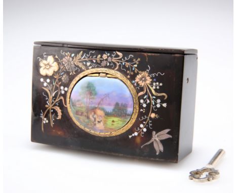 A 19TH CENTURY TORTOISESHELL AND PIQUE WORK SINGING BIRD AUTOMATA MUSIC BOX, of rectangular form, the top with oval hinged en