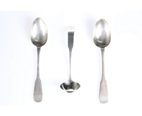 A MATCHED PAIR OF SCOTTISH SILVER DESSERT SPOONS,&nbsp;by Robert Gray &amp; Son, Glasgow 1831 and 1844, Fiddle pattern, each 