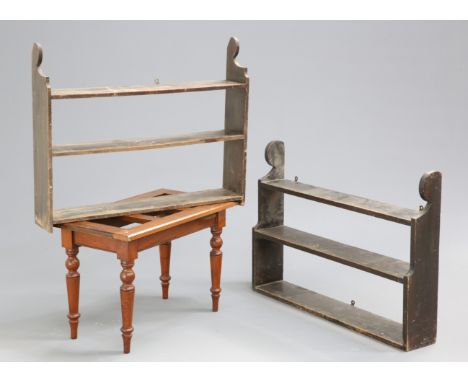 TWO SETS OF COUNTRY HOUSE HANGING SHELVES, together with a Victorian beech luggage stand (3). Widest shelf 92cm