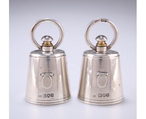 A PAIR OF EDWARDIAN SILVER MILK CHURN PEPPER GRINDERS,&nbsp;by Joseph Braham, London 1901, each with circular loop handle abo