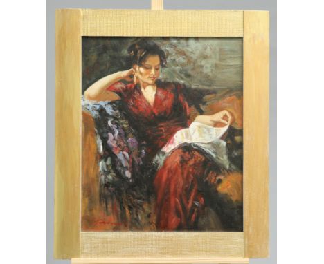CIRCLE OF PINO DAENI (ITALIAN/AMERICAN, 1939-2010), PORTRAIT OF A SEATED LADY READING, bears signature lower left, oil on can