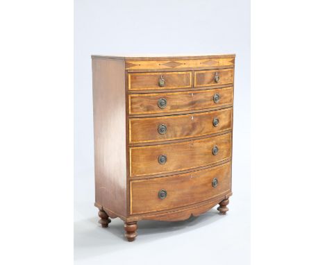 ~ A LARGE 19TH CENTURY INLAID MAHOGANY CHEST OF DRAWERS, bow fronted, the top with reeded edge over a pair of short drawers a