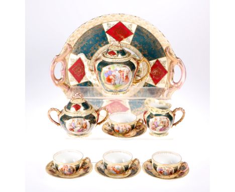 A 'VIENNA' PORCELAIN CABARET SET, CIRCA 1900, comprising teapot, sucrier, cream jug, four cups and saucers, on a circular tra