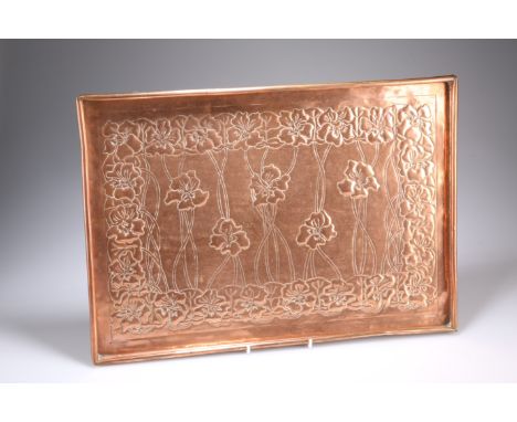 WILLIAM HENRY MAWSON FOR THE KESWICK SCHOOL OF INDUSTRIAL ARTSAN ARTS AND CRAFTS COPPER TRAY, rectangular, repousse with in l