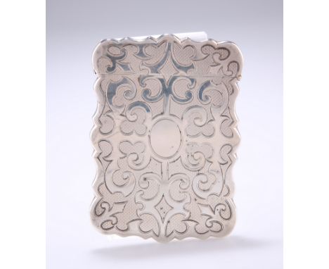 A VICTORIAN SILVER CARD CASE,&nbsp;by Foxall, Hill &amp; Foxall, Birmingham 1853, typical shape with engine turned decoration