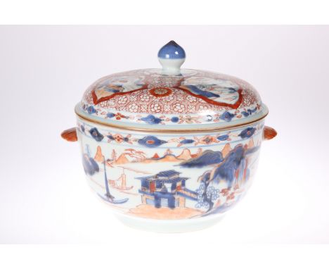 AN 18TH CENTURY CHINESE IMARI TUREEN AND COVER, circular with domed cover, painted in the round with a landscape of boats, pa