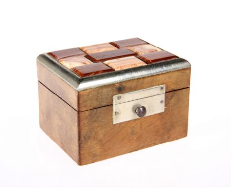A KARLSBAD AGATE-MOUNTED JEWEL BOX, CIRCA 1880, rectangular with hinged lid mounted with faceted panels, engraved to centre p