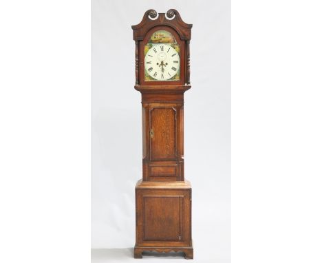 A 19TH CENTURY INLAID MAHOGANY AND OAK EIGHT DAY LONGCASE CLOCK, the 12 1/2-inch break-arch painted dial signed Peck, Welling