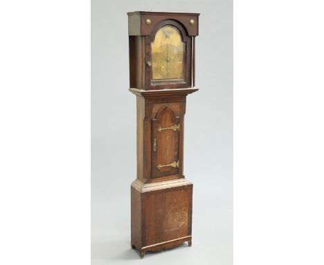 A 19TH CENTURY OAK AND MAHOGANY LONGCASE CLOCK CASE, housing a break-arch brass dial, the point-arch door with Gothic strap h