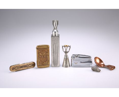 AN INDEPENDENT ORDER OF FORESTERS BRASS VESTA CASE, with embossed decoration; together with AN ARTS AND CRAFTS COPPER CADDY S