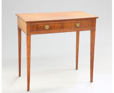 A GEORGE III MAHOGANY SIDE TABLE, the rectangular top above a frieze drawer with brass circular ring handles, raised on squar