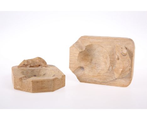ROBERT THOMPSON OF KILBURNTWO MOUSEMAN OAK ASHTRAYS, each adzed and with carved mouse signature. 10cm