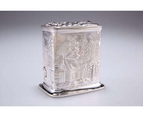 A VICTORIAN SILVER TEA CADDY, by John Aldwinckle &amp; Thomas Slater, London 1891, square form with hinged lid and splayed ba
