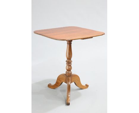 A VICTORIAN MAHOGANY TRIPOD TABLE, the rectangular top with rounded corners, raised on a baluster stem continuing to hipped d