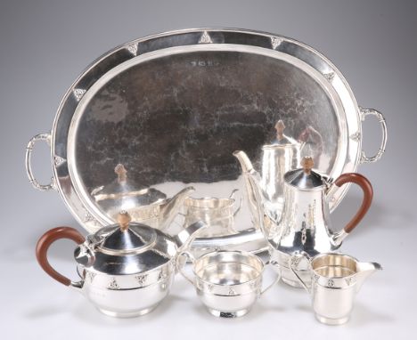 A GEORGE V FOUR PIECE TEA SERIVCE WITH TRAY,&nbsp;by Albert Edward Jones, Birmingham 1927/30/32/35, comprising twin handled o