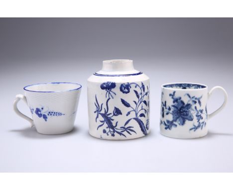 A PEARLWARE TEA CADDY, CIRCA 1770-80, shouldered cylindrical form, blue printed with the Three Flowers pattern, C mark, 9cm h