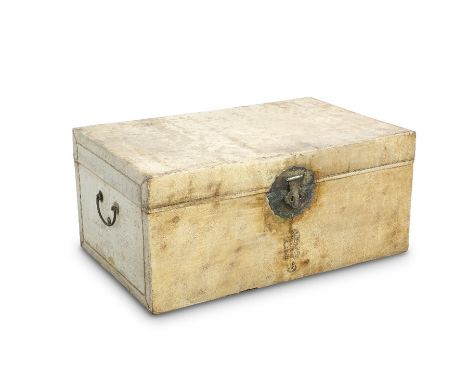 A CHINESE VELLUM TRUNK, 20TH CENTURY,&nbsp;clad in vellum with calligraphy stamps, metal clasp and handles. 34cm high, 77cm w