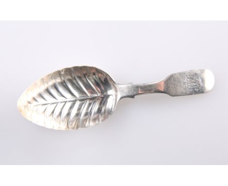 A GEORGE III SILVER CADDY SPOON,&nbsp;makers mark rubbed, London 1815, with leaf shaped bowl, handle terminal engraved with i