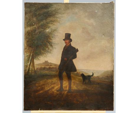 ~ ENGLISH SCHOOL, PORTRAIT OF A SPORTSMAN WITH A GUN AND DOG IN A LANDSCAPE, oil on canvas. 76cm by 63.5cmThe absence of a Co