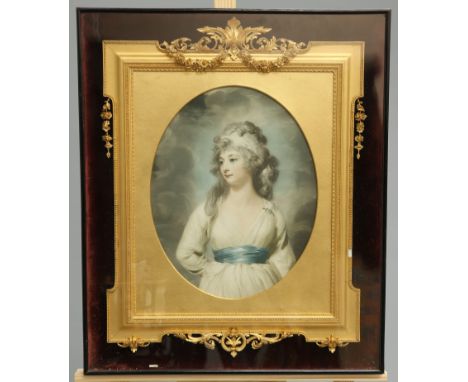 AFTER GAINSBOROUGH, PORTRAIT OF A LADY, print, oval, in a fine quality gilt frame within a glazed case. Overall 60cm by 50cm